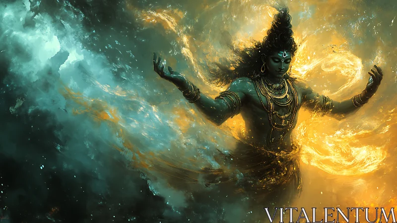 Mythic deity conjures swirling teal and golden cosmic fire.