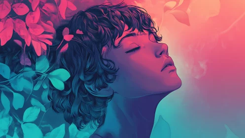 Neon portrait of serene figure amid abstract foliage glow.