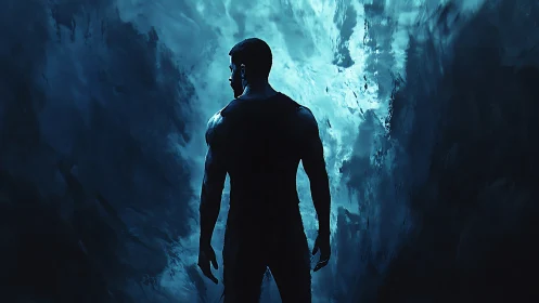 Solitary figure confronting luminous abyss of icy void.