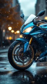 Sport motorcycle in wet urban street, shallow depth focus.