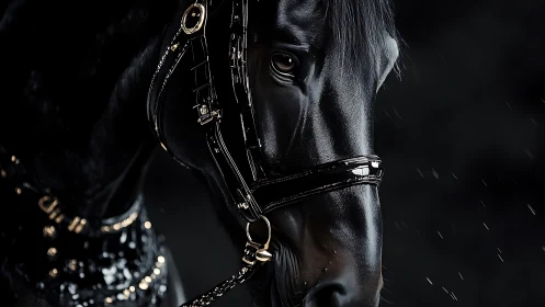 Close-up view of black horse in bridle on dark background.