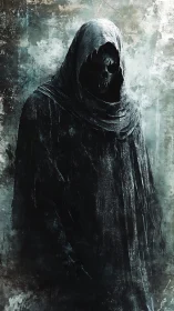 Hooded skeletal wraith portrait in distressed grunge palette