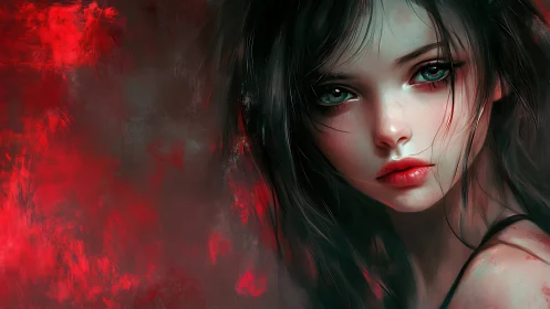 Melancholic girl&rsquo;s gaze emerges from a storm of crimson light.
