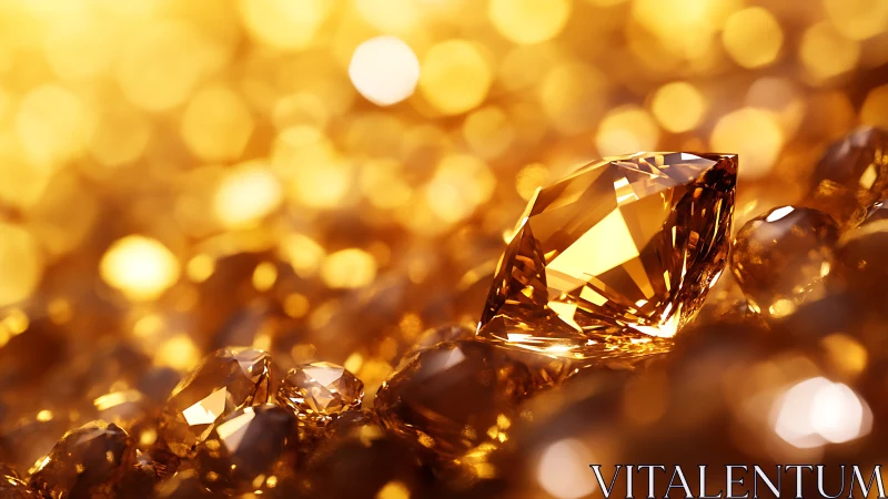 Golden diamond macro with glowing bokeh background.
