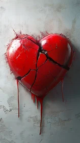 Shattered Emotions: Fractured Heart Bleeds Against Weathered Canvas