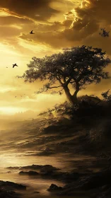 Cinematic sunset tree landscape in vertical digital painting.