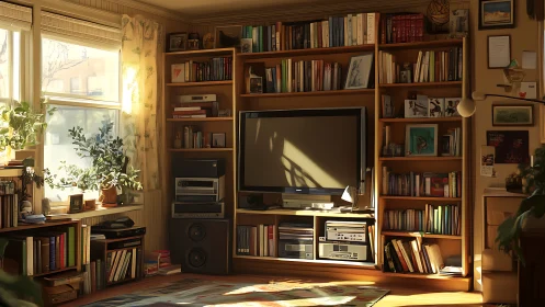 Sunlit library lounge with vintage screen and secret stories.