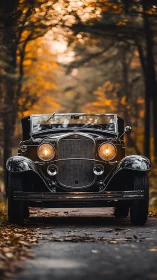 Vintage roadster stands on forest lane under warm dusk glow