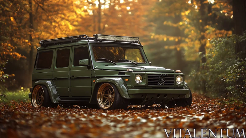 Lowered green offroad SUV rests on forest leaf carpet