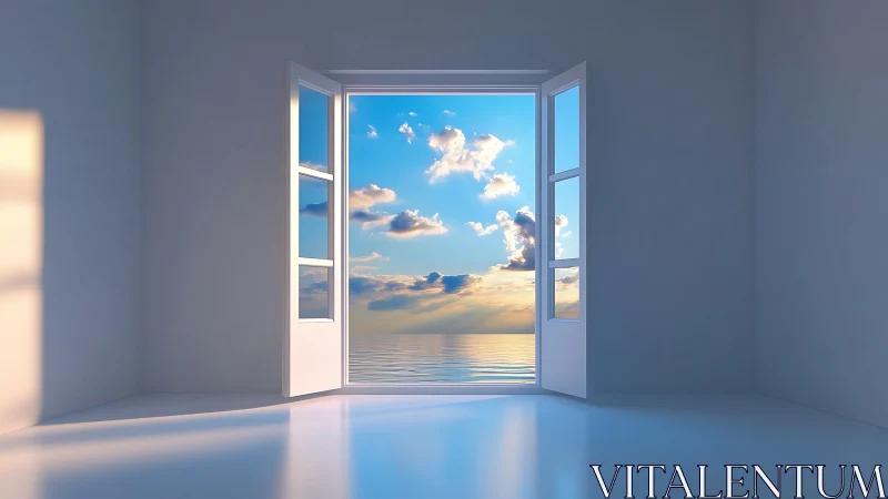 Open white window frames tranquil sea horizon at sunset.