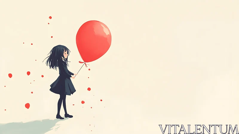 Girl in black holds a red balloon against quiet empty space