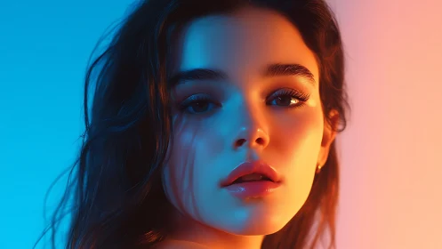 Portrait under neon blue and coral split lighting glow.