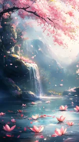 Cherry blossom waterfall mirrors tranquil lotus lake dream