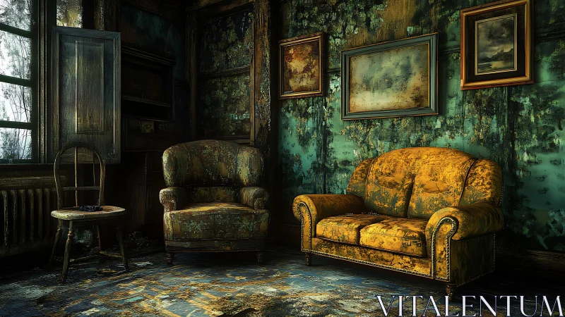 Decaying teal parlor with distressed gold velvet seating.