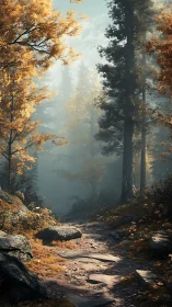Autumnal Forest Path with Mist and Sunlit Canopy.