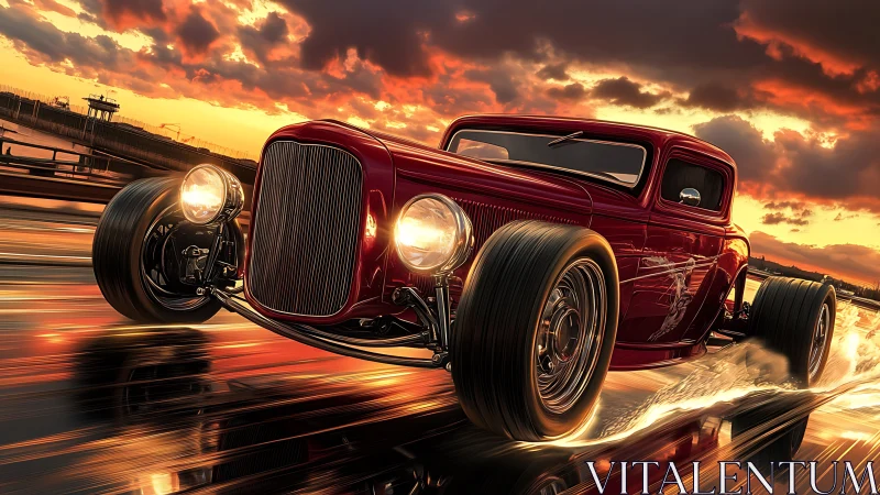 Sunset street rod roaring into a rush of golden light.