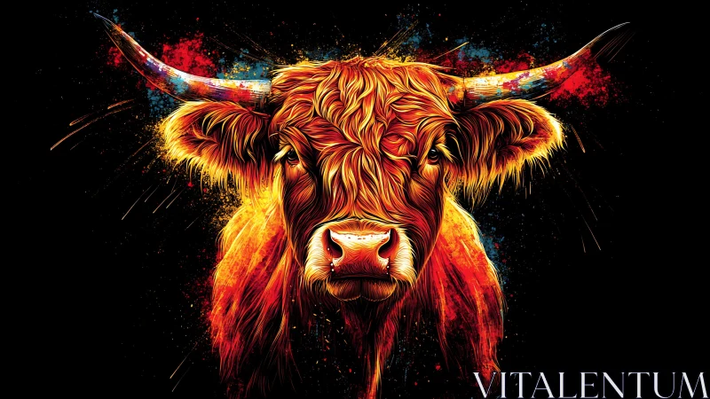 Vibrant frontal bull portrait rendered in neon digital strokes