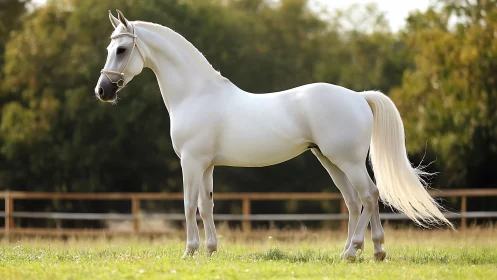 Muscular white horse in full lateral profile under soft natural light