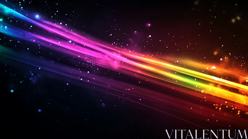 Prismatic light trails streak across a cosmic night field.