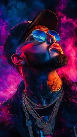 Neon-lit portrait of a confident man in glowing colors.
