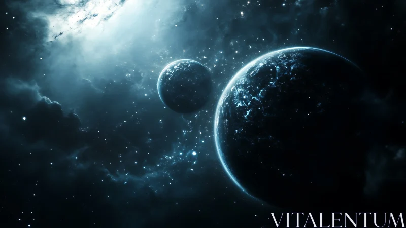Two illuminated planets in dense star field of deep space.