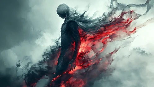 Dark spectral figure dissolving into red ethereal flame.