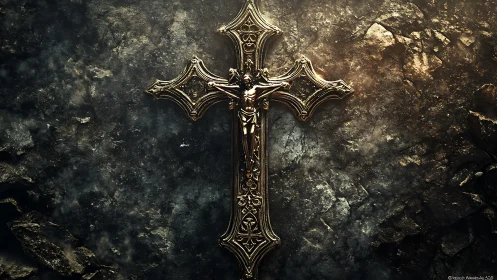 Gilded crucifix relief against textured stone wall backdrop.