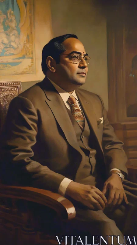 Formal seated portrait of bespectacled man in brown three piece suit