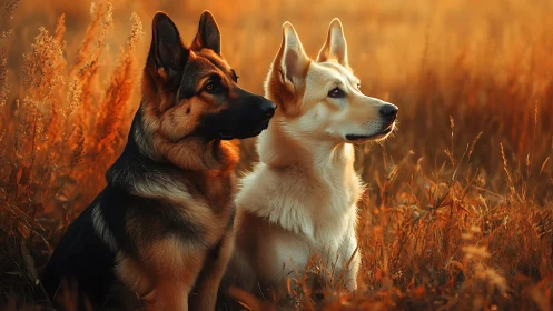 Two shepherd dogs sit in warm backlit autumn grasslands