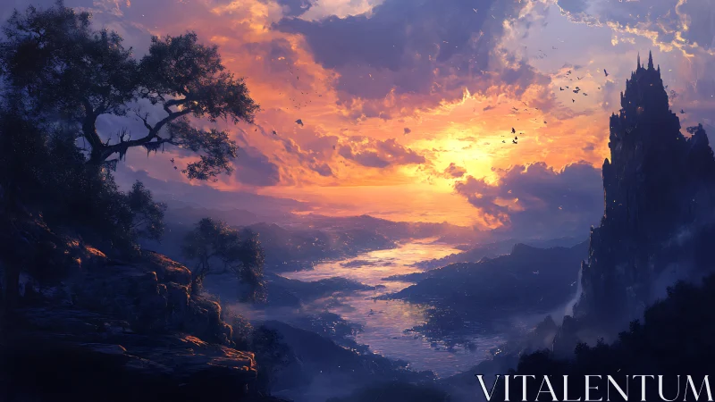 Digital landscape shows river valley at sunset with distant tower