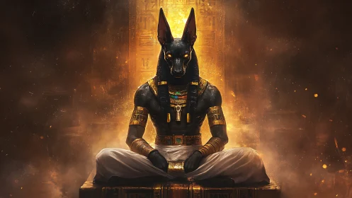 Ancient jackal god sits in blazing golden temple haze