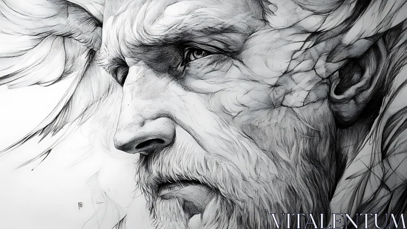 Weathered titan in wind-drawn lines and whispered light.