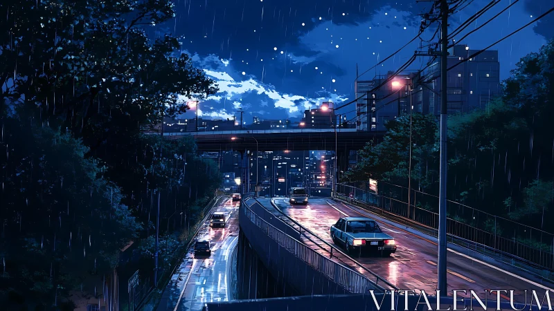 Rainy urban highway at night with cars and city lights.