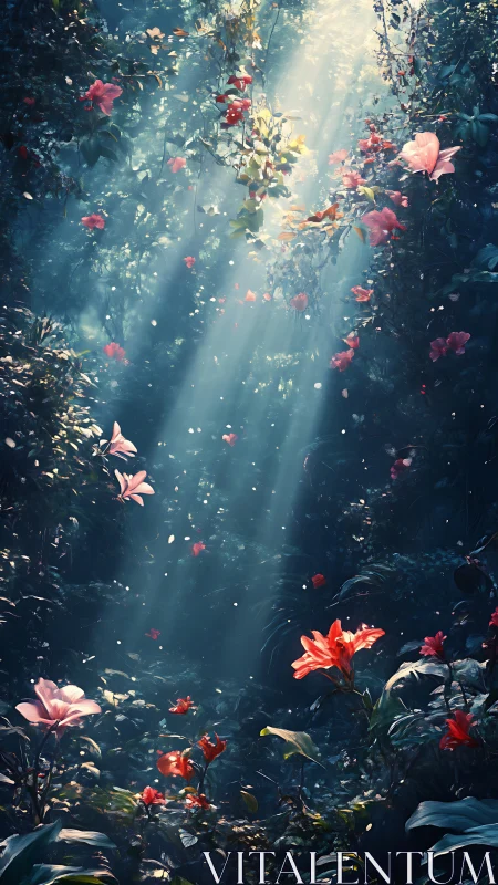 Sunlit forest glade with glowing red and pink flowers.