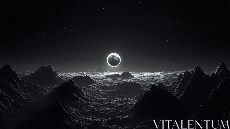 Quiet moonrise over silver alien mountains at night.