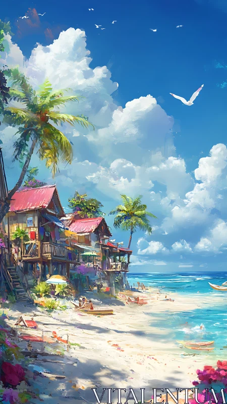 Beachside Paradise with Colorful Coastal Houses and Tropical Waters
