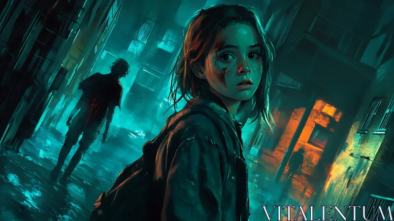 Bloodstained girl haunts neon alleyways of a drowned city.