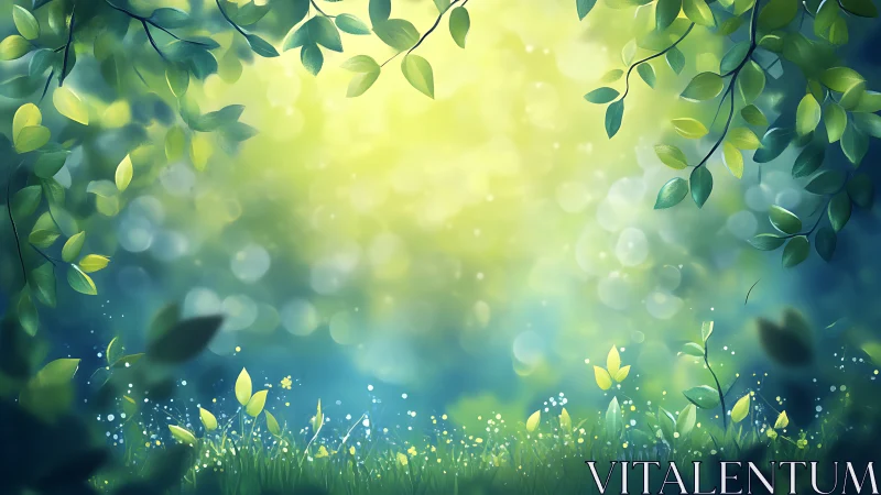 Sunlit Forest Clearing with Glowing Leaves, Dreamy Digital Art.