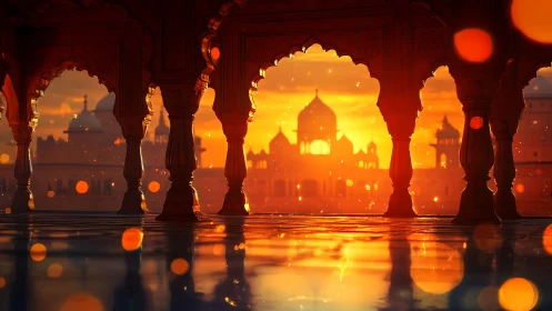 Golden sunset glows over ornate arches and distant domes