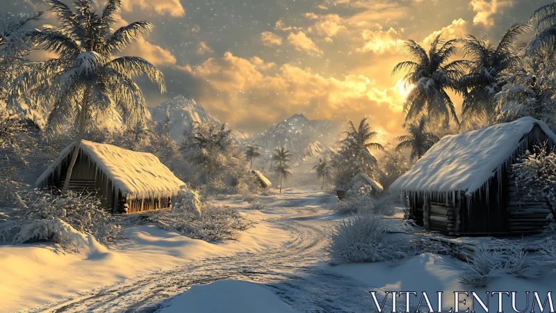 Tropical Winter Landscape: Snow-Laden Palms and Illuminated Thatched Structures.
