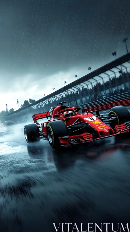 Rain-slicked racetrack rush with a bold red Formula car.