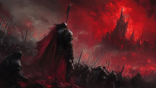 Armored warlord leads massive army toward burning citadel