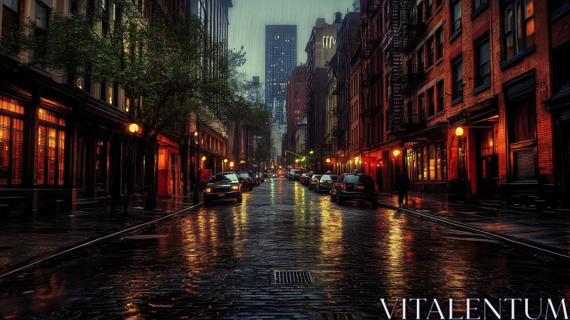 Rain-soaked city street glows with cinematic neon reflections.