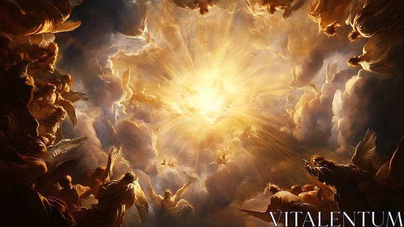 Heavenly storm of angels swirls toward a blazing celestial dawn