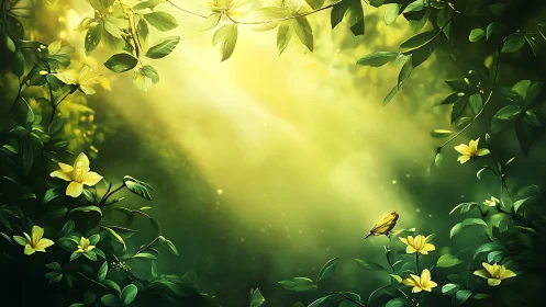 Sunlit forest clearing frames yellow flowers and resting bird
