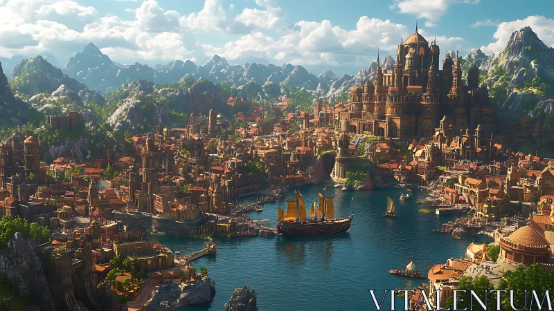 Sunlit fantasy harbor megacity with domed palatial citadel