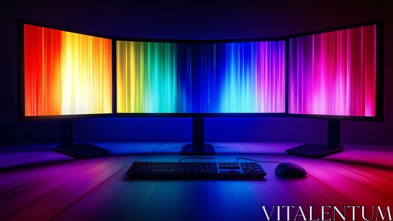 Triple monitor workstation glows with neon spectrum light.