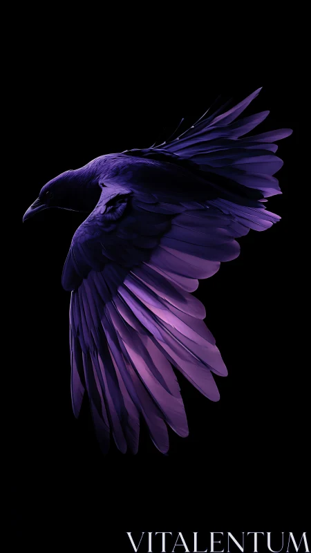 Violet raven in midflight against deep black background
