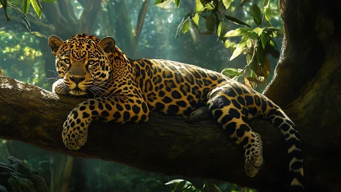 Jaguar lies stretched on thick jungle tree branch in shade