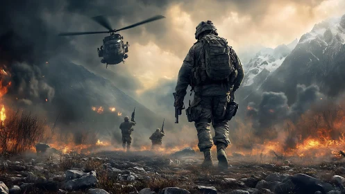 Combat squad advances through burning alpine warzone under fire